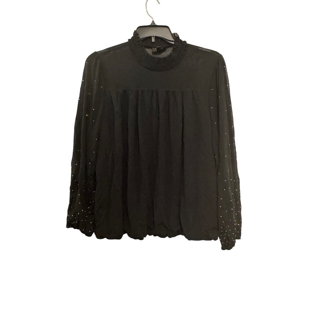 Thalia Sodi Black Bishop Sleeve Top With Rhinestone Detailing Nylon/Spandex XL/X